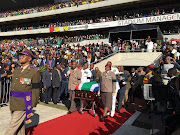 The coffin arrives at Orlando Stadium for Winnie Madikizela-Mandela's funeral. 