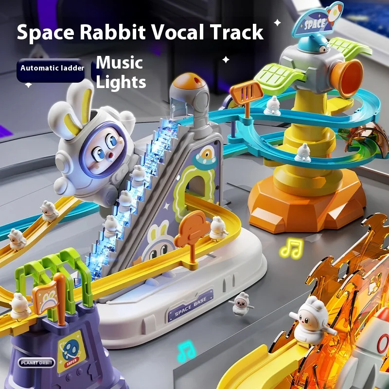 Children's Space Rabbit Climbing Stairs Puzzle Slide Electric Track Toy. Fun climbing and sliding game, promoting coordi