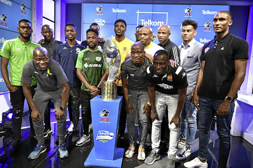 Players from different PSL teams pose with the Telkom Knockout trophy during the launch of this year's edition in Randburg yesterday. The competition kicks off next weekend. / Lefty Shivambu/Gallo Images