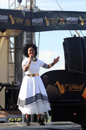 CHARISMATIC: Zahara performs during the inaugural Xhosa Carnival held at Nqadu Great Place in Willowvale yesterday. Picture: LULAMILE FENI