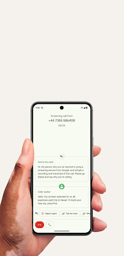 A transcript of Google Assistant screening a call. Google Assistant asks the caller to state why they are calling. The caller's response is transcribed on the screen so that the user can see why they are being called.