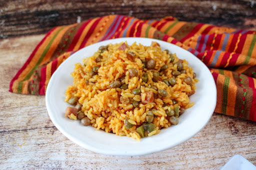 A bowl of Arroz Con Gandules.