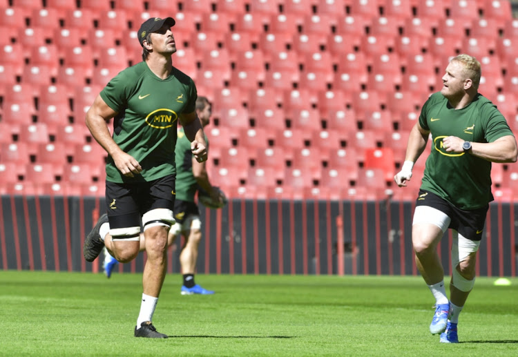 Bok lock Eben Etzebeth, pictured with teammate Vincent Goch, in training at Ellis Park on Tuesday to determine his fitness ahead of Saturday's Rugby Championship clash against the All Blacks.