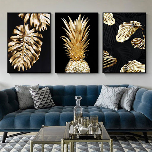 Title 5, Abstract golden plant leaf modern canvas decora...