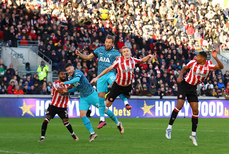 Tottenham Hotspur's Harry Kane scores their first goal in the Premier League match against Brentford at Brentford Community Stadium in London on December 26 2022.