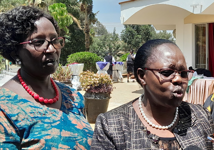 Former Minister Linah Kilimo with Nandi Deputy Governor Dr Yulita Mitei speaking in Eldoret on February 18.