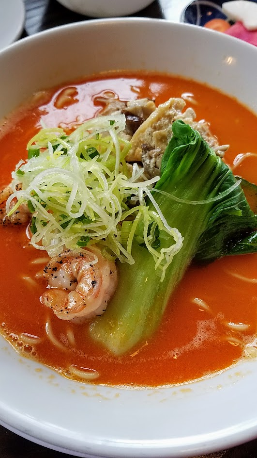 Marukin Ramen Special Ramen, available only once a week at each location and limited to about 30 bowls because of the amount of work required to create it! Ebi Ramen, a Rich Tiger Shrimp and chicken based broth with sea salt topped with tiger shrimp, bok choy, mushroom age-tofu mix, kikurage, and negi