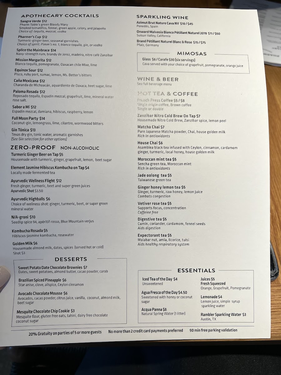 Pharm Table gluten-free menu