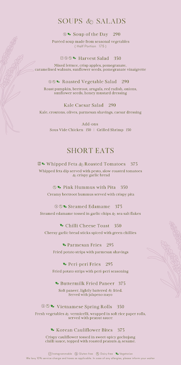 Sage & Lavender menu 