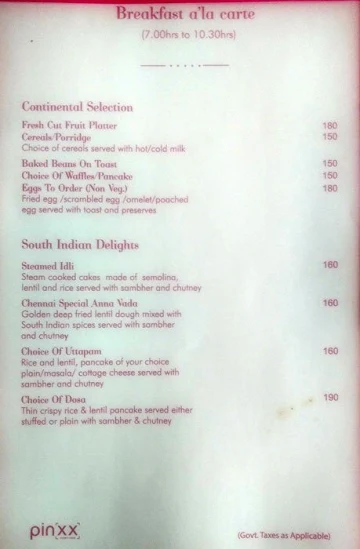 Pinxx Restaurant menu 