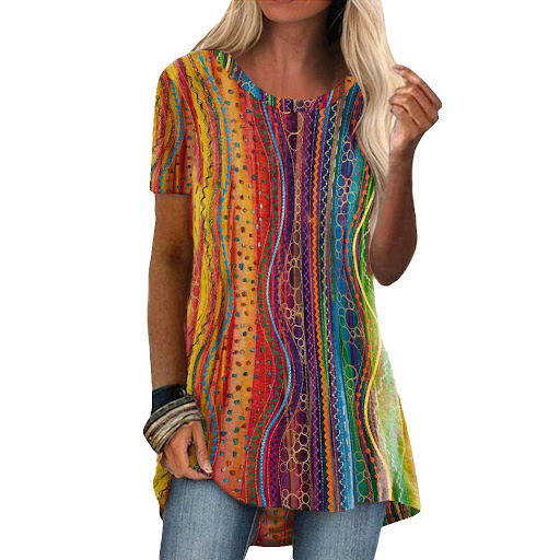 Title 19, Crew neck casual ethnic style vintage print sho...