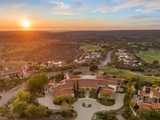 Aerial view luxury villa sunset in this luxury house for sale in San Diego ($9,800,000)