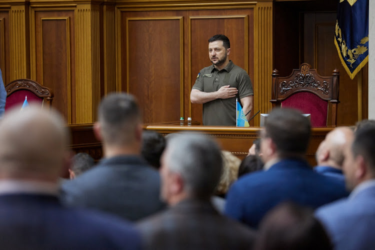 Ukraine's President Volodymyr Zelenskiy attends a session of parliament, as Russia's attack on Ukraine continues, in Kyiv, Ukraine May 22, 2022.