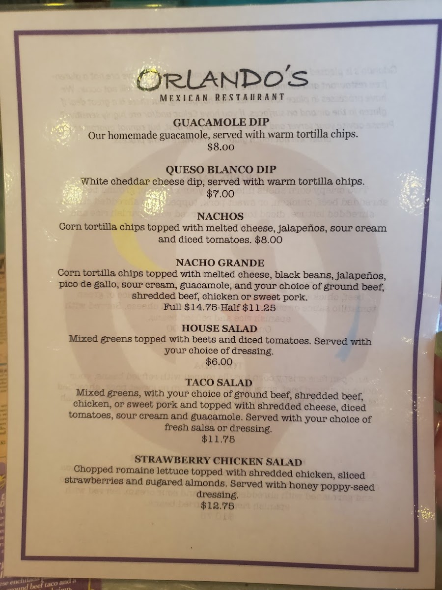 Orlando's Mexican Restaurant gluten-free menu