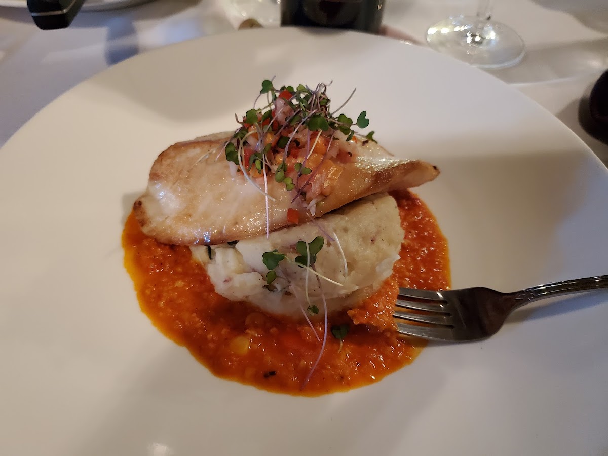 Gluten free Mahi Mahi, with mashed potatoes and a butternut squash gravy. DELISH