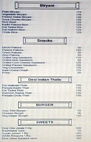 Sweets & Fast Food menu 