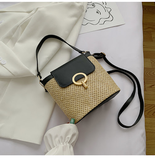 Title 1, Lock Straw Woven Bag, Portable Bucket Bag, Shou...