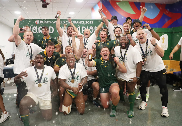 Fans and players celebrate during Rugby World Cup 2023 final match between New Zealand and South Africa at Stade de France in Paris, France, October 28 2023. Picture: STEVE HAAG/GALLO IMAGES