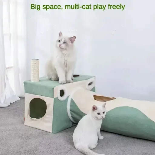 2in1 Foldable Cat Tunnel Bed, Cat House with Cat Scratching Post, Cat Hideaway Cave, Cubes Playground for Kitty, Cat Pla