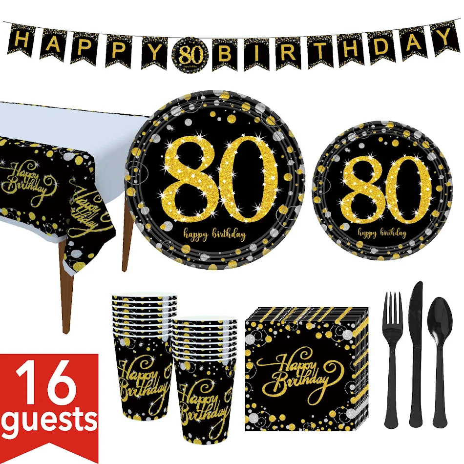 Black Gold Powder Gold Verjaardagsfeest Decoratie Set 30-80 Jaar. Maak een onvergetelijk feest met deze elegante decoratieset.