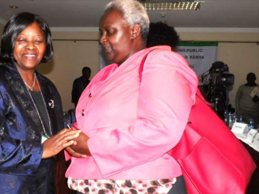 Principal judge in Milimani High Court Criminal Division Lady Justice Jessie Lesiit and Kenya National Commission on Human Rights Chairman Kagwiria Mbogori at the Intercontinental Hotel during the experts workshop on assessing public attitude towards death penalty/JOSEPH NDUNDA