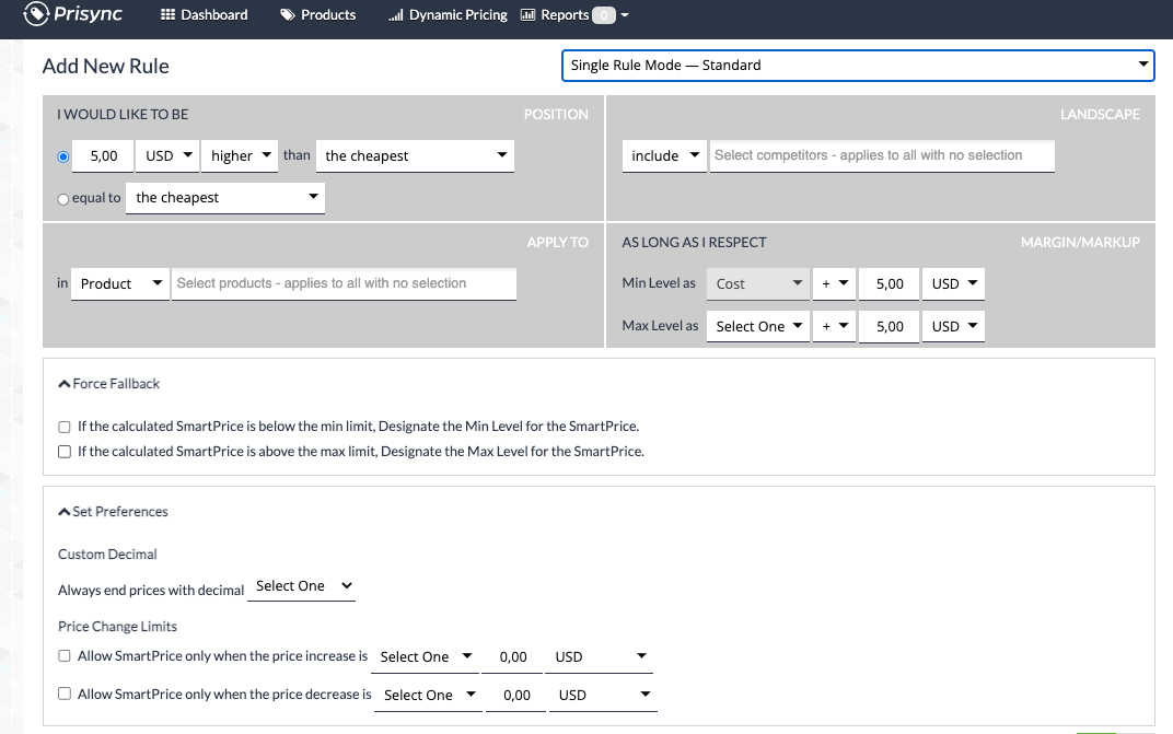 Single Rule mode for dynamic pricing and price change limits