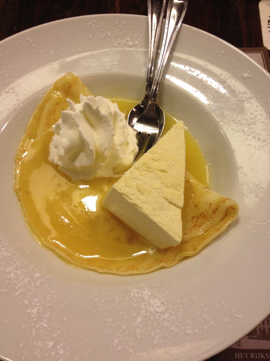 GF crepe with ice cream and lemon sauce.