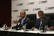 Patrice Motsepe, chairman of African Rainbow Energy and Power, and group CEO Brian Dames brief the media on February 18 2019.