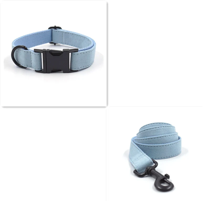 Collier et laisse pour animaux de compagnie bleu clair en velours court avec boucle noire et nœud – Élégance et confort.