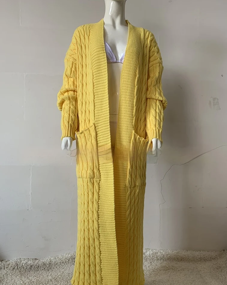 Cardigan long en tricot avec poches, manteau épais, style européen et américain, idéal pour un confort et une élégance inégalés.