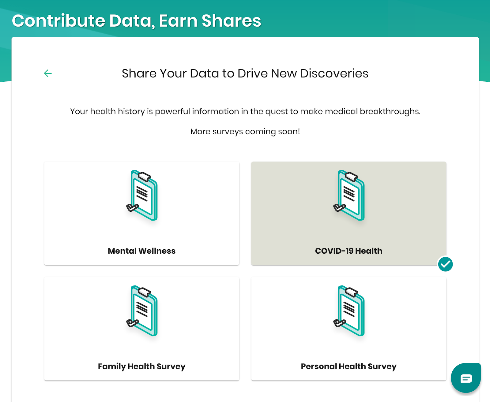 Four buttons to click on with the options mental wellness, covid-19 health, family health survey, and personal health survey in LunaDNA