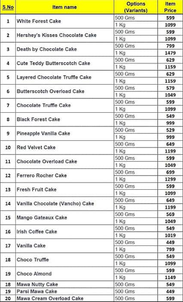 Cake Junction menu 