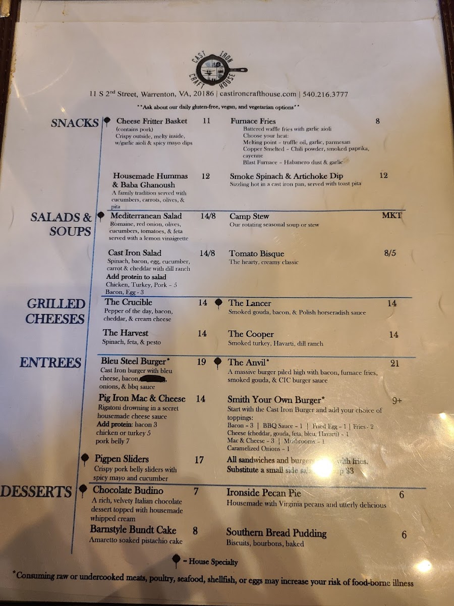 Cast Iron Craft House gluten-free menu