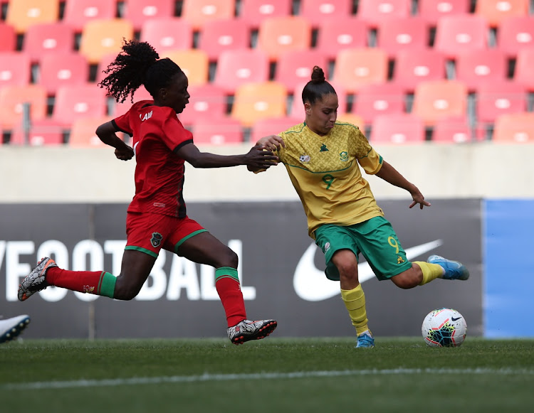 Ruth Nyirongo of Malawi and Gabriela De Jesus Thomas Salgado of SA during the COSAFA Women's Championship match at Nelson Mandela Bay Stadium on September 28 2021 in Port Elizabeth. Picture: GALLO IMAGES/RICHARD HUGGARD