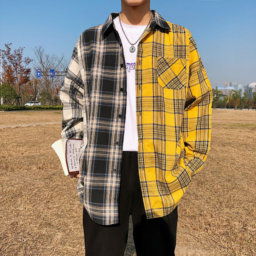 Title 2, Mens color-block check long-sleeved shirt
