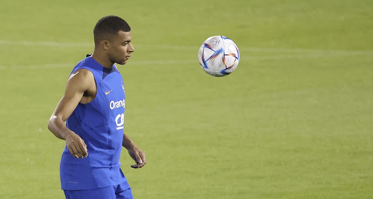 France star Kylian Mbappe during a training session at Al Sadd SC Stadium in Doha on November 19, 2022 ahead of the Fifa World Cup Qatar 2022.