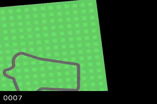 In a basic computer game graphic, a race car drives along a track. It follows the track left, then right, before spinning off into the grass verge