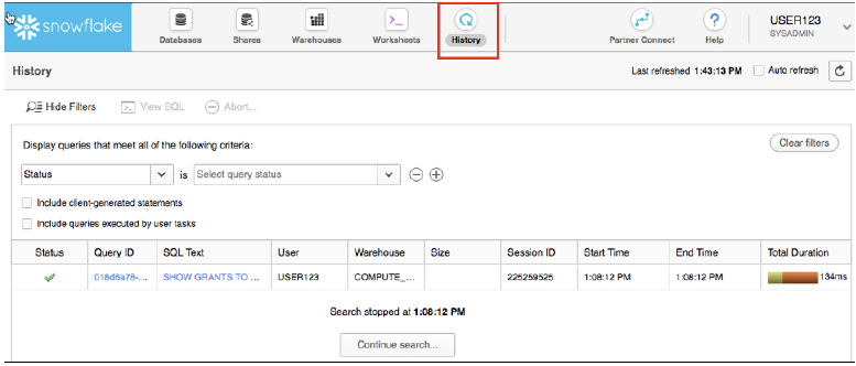 The History tab allows users for viewing the details of all the queries executed in the previous 14 days