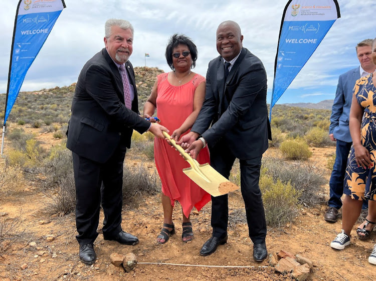 Badri Younes the Deputy Associate Administrator for Space Communications and Navigation at The National Aeronautics and Space Administration (NASA), Johanna Botha the Mayor of Laingsburg and Dr Phil Mjwara from the Department of Science and Innovation attend the sod turning ceremony for Africa's first Deep Space Ground Station in Matjiesfontein, South Africa, November, 08, 2022.