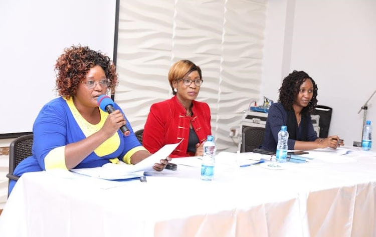 Senators Christine Zawadi, Naomi Shiyonga and Mercy Chebeni during a meeting with Busia county chief executives in Busia town on October 15, 2021.