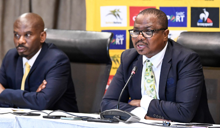 Safa CFO Gronie Hluyo and Safa CEO Tebogo Motlanthe during the association's press conference at SAFA House on January 13, 2023.