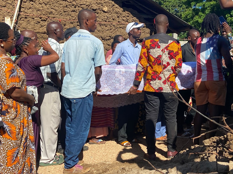 Mourners carrying the body of one of the four victims who died in Shakahola tragedy ahead of the burial on Friday, April 5, 2024