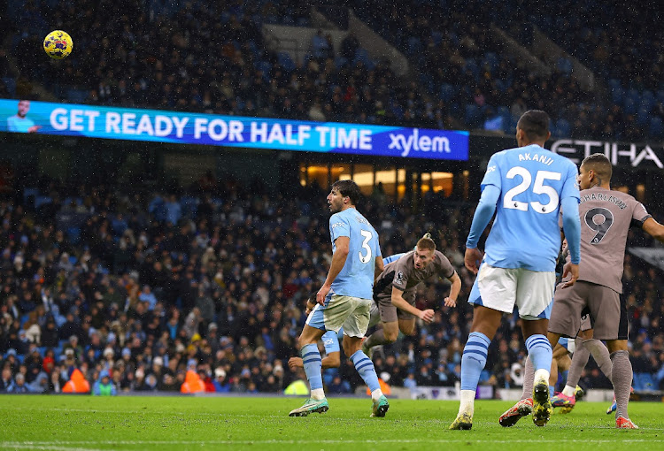 Tottenham Hotspur's Dejan Kulusevski scores their third goal in their Premier League draw against Manchester City at Etihad Stadium in Manchester on Sunday night.