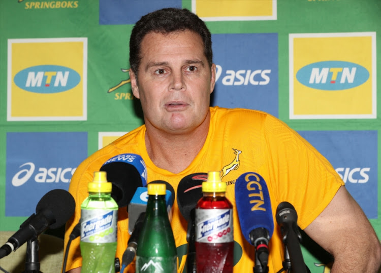 The Springboks coach Rassie Erasmus speaks to the media during the South African senior men's national rugby team announcement at Garden Court Umhlanga on August 16, 2018 in Durban, South Africa.