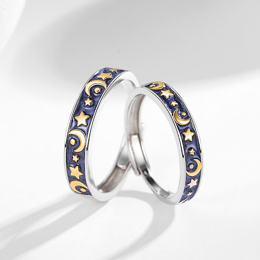 Title 2, Sun Moon Galaxy Sterling Silver 925 Couple Ring...