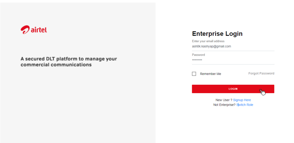 The enterprise airtel DLT login page | SMScountry