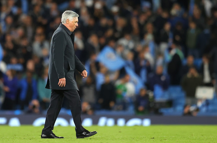 Real Madrid coach Carlo Ancelotti reacts following the Uefa Champions League semifinal leg one match against Manchester City at Etihad Stadium in Manchester, England, on April 26 2022. Picture: GETTY IMAGES/CATHERINE IVILL