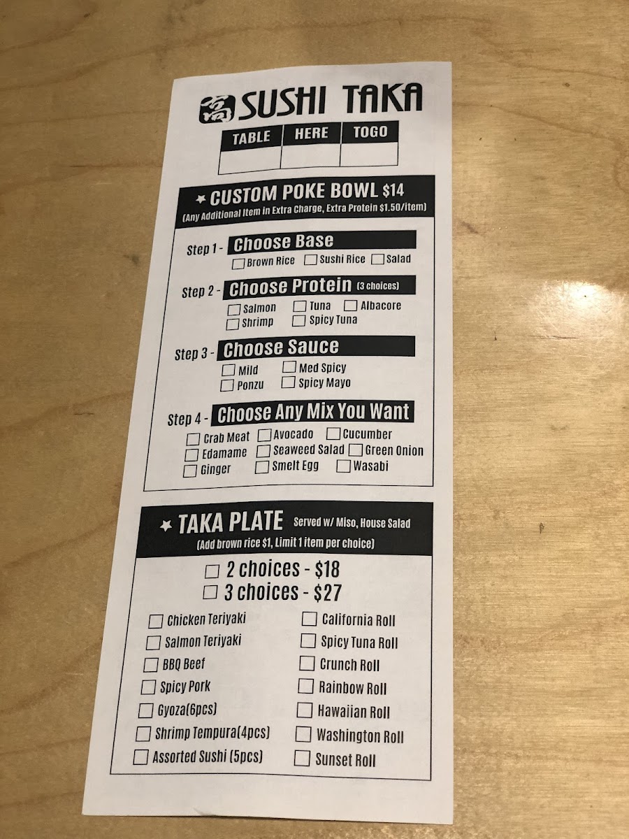 Sushi Taka gluten-free menu