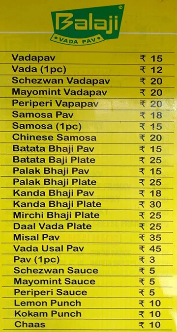 Balaji Vadapav menu 