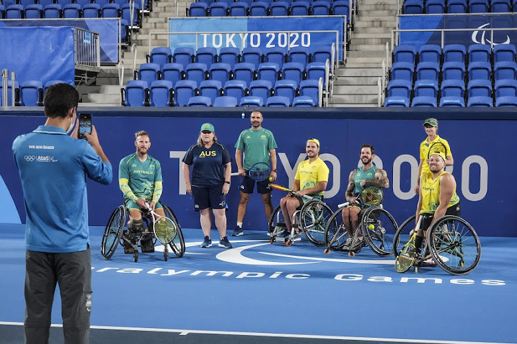 Athletes of team Australia poses for photographs ahead of the Tokyo 2020 Paralympic Games at Ariake Tennis Park on August 23, 2021 in Tokyo, Japan.